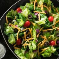 Garden Salad · Lettuce, tomatoes, red onions, green peppers, cheddar cheese, and black olives.