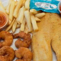 One Piece Tilapia & Five Shrimps · With French fries.
