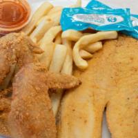 One Piece Tilapia & Two Wings · With French fries.