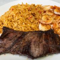 Combo 9 · Grilled steak and shrimp. Served with rice and beans.