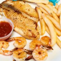 Combo 19 · One pieces grilled tilapia and five pieces grilled shrimp.