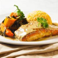 Salmon · Atlantic salmon served choice of flavor with whipped roasted sweet potatoes and market veget...