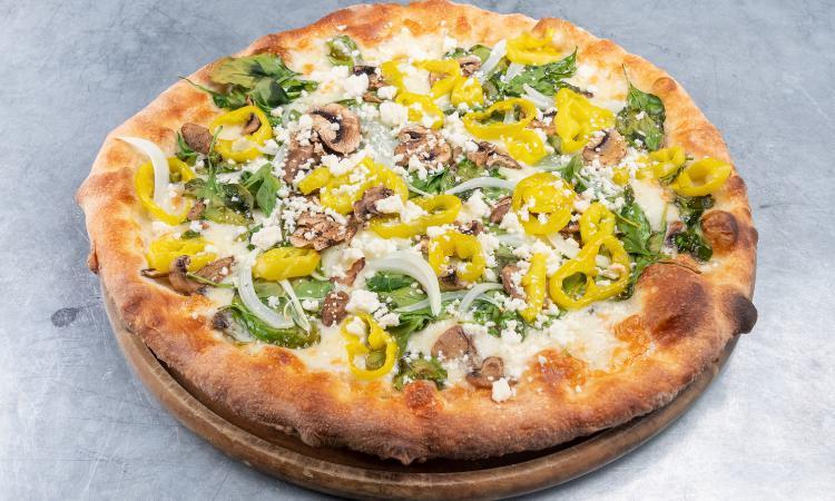 Lrg Spinach And Mushroom Pizza · Onion, banana peppers, feta, mozzarella