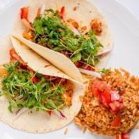 Shrimp Tacos · mango-bell pepper “slaw”, cilantro, spicy mayo, flour tortilla, served with red rice