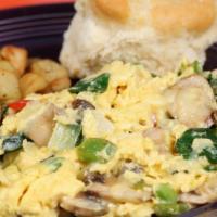 Garden Fresh Veggie Scramble* · Gluten friendly. Three eggs* scrambled with onions, red and green peppers, spinach, mushroom...