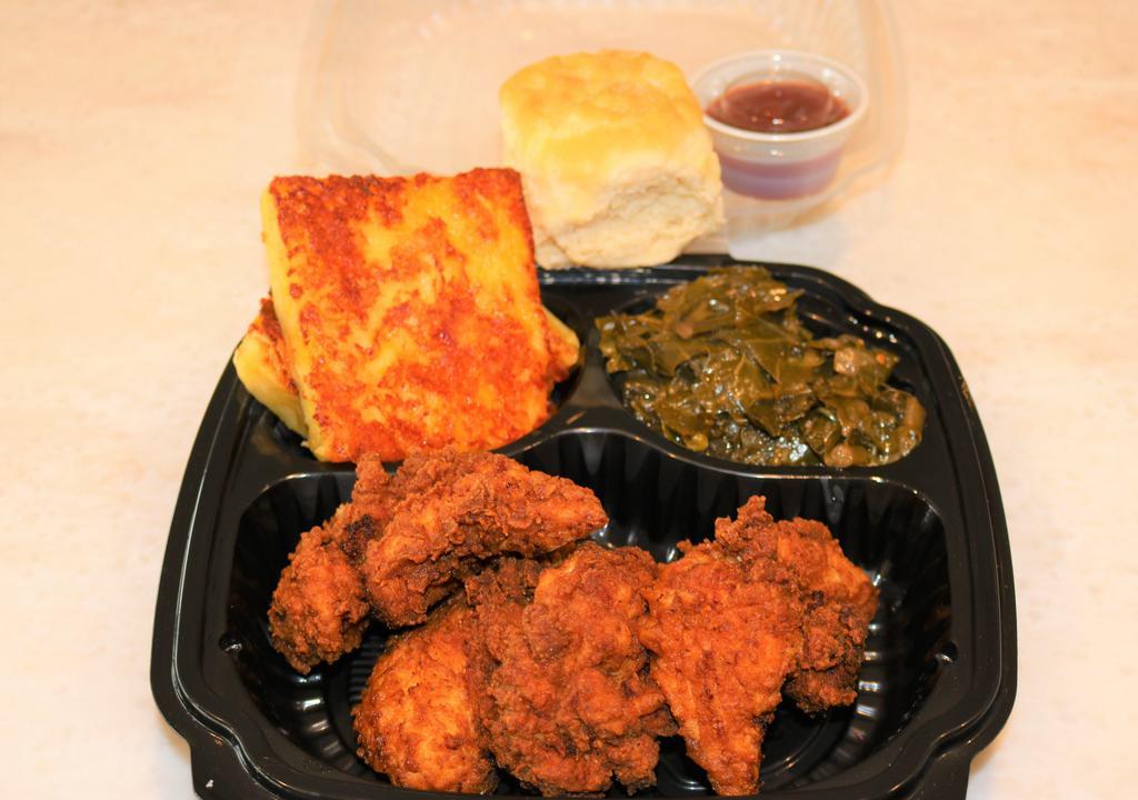 Crispy Buttermilk Chicken Tenders · 4 Crispy buttermilk chicken tenders, grilled macaroni and cheese and spicy vegan collard greens
served with a fluffy flying biscuit.