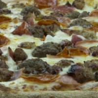 Meat Market Pizza · Ham, salami, pepperoni, Italian sausage, meatballs and mozzarella.