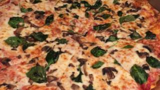 Spinach Alfredo Pizza · New! Alfredo sauce, spinach, broccoli, baked chicken, black olives and mozzarella.