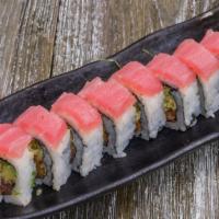 Crunchy Spicy Tuna · Spicy. Spicy tuna, tempura flakes, avocado, and cilantro with tuna on top.