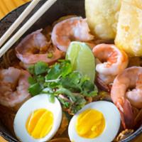 Tom Yum Shrimp Noodles Soup · Creamy hot and sour soup, shrimp, mushrooms, scallions, cilantro, kaffir lime leaves in chil...