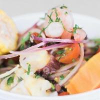 Ceviche Medium · Red onions, cilantro, jalapenos, cherry tomatoe, sweet potato, yellow corn, and option of li...
