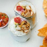 Burritos · Queso fresco, Mexican crema, cherry tomatoes, cilantro, pickled red onions, corn, and option...