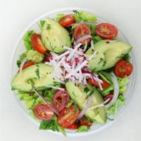 Avocado Tomato Salad · Mixed lettuces with red onions, cherry tomatoes, avocado, radishes & cilantro.