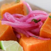 Sweet Potatoes & Lime · Chilled sweet potato cubes tossed with lime & olive oil and topped with cilantro.