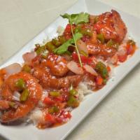 Chilli-Panko Shrimp · Crispy fried shrimp, chili sauce, basmati rice.