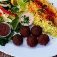 Falafel Plate · Tasty fried patties of ground chickpeas, vegetables, and an ethnic spice blend.