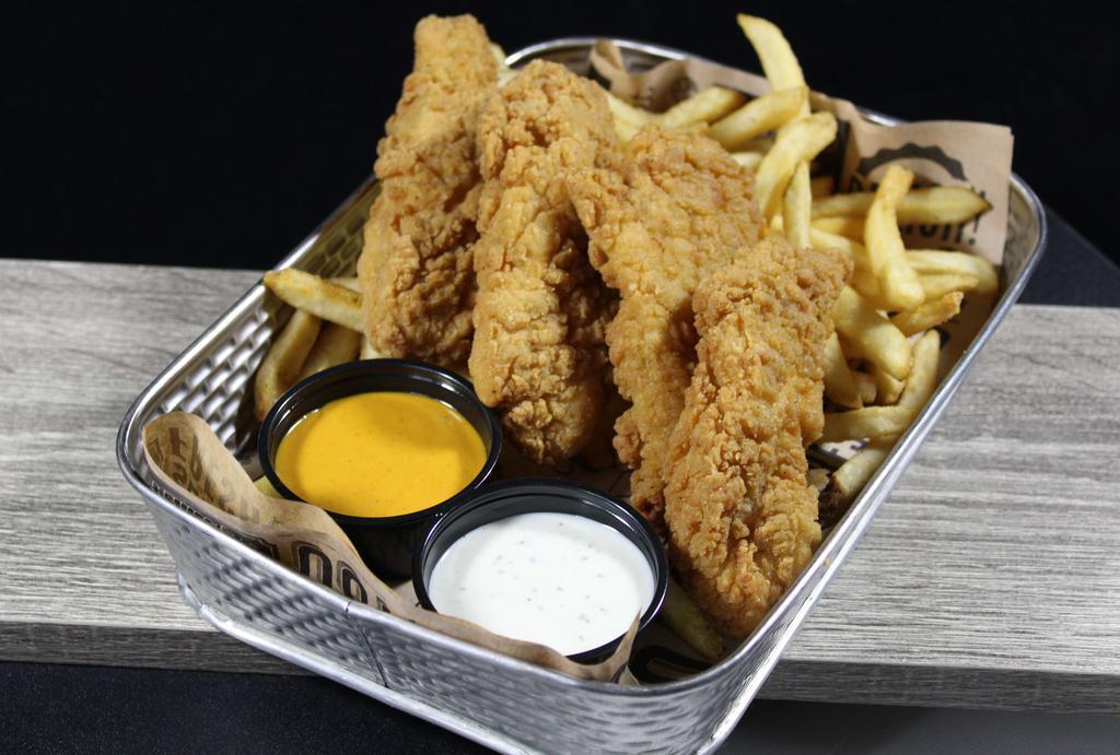 Tenders & Fries Combo (1910 Cals) · Crispy, lightly breaded chicken breast strips served with seasoned fries, ranch dressing & our awesome chicken dippin' sauce.