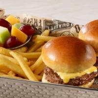 Super Sliders (910 Cals) · Two beef sliders topped with American cheese, served with fries