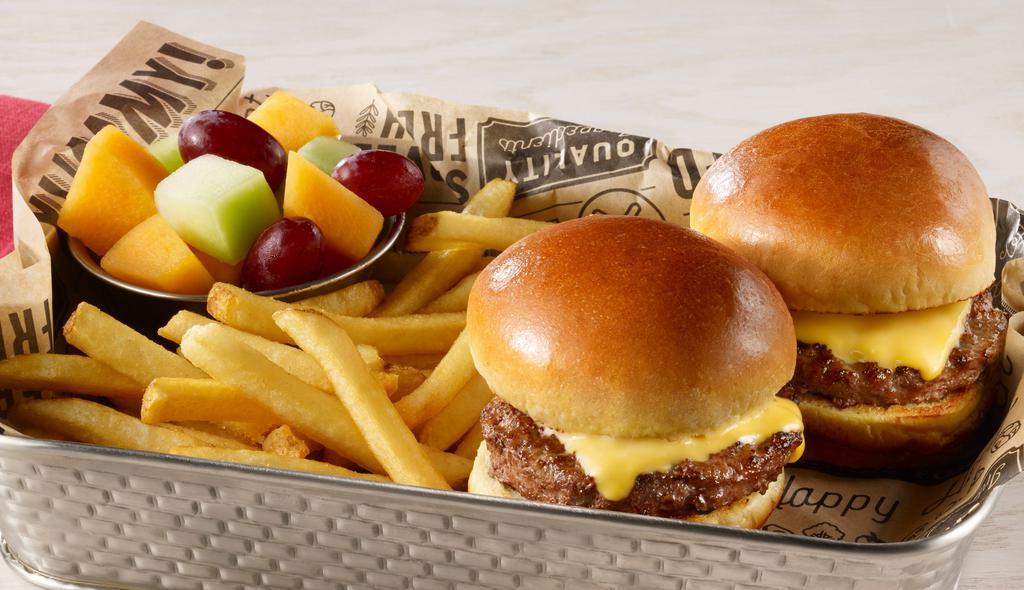 Super Sliders (910 Cals) · Two beef sliders topped with American cheese, served with fries