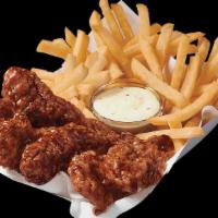 Honey Bbq Sauced & Tossed Chicken Strip Basket · 100% all-white-meat tenderloin strips, tossed in a sweet and smoky Honey BBQ sauce, and serv...