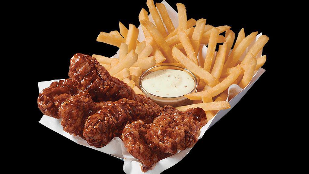 Honey Bbq Sauced & Tossed Chicken Strip Basket · 100% all-white-meat tenderloin strips, tossed in a sweet and smoky Honey BBQ sauce, and served with Texas toast and crispy fries, and your choice of dipping sauce.