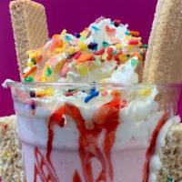 Unicorn Shake 24Oz · Strawberry ice cream milkshake topped with fruity pebbles,gummy bears, rainbow sprinkles, co...
