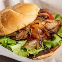 Redlands Burger · Seasoned portobello mushrooms, caramelized onions, sweet peppers, balsamic vinaigrette, lett...