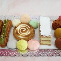 Dessert Lovers Tray · Silver serving tray with 6 Macarons (gift box), 2 Eclairs, 2 Small Cakes & 1 bag of Assorted...