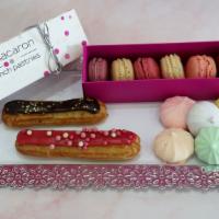 Pastries Tray For Two · Silver serving tray with 6 Macarons (gift box), 2 Eclairs & 1 bag of Assorted Meringues