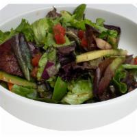 House Salad · Spring mix, cucumber, carrot, tomatoes,. red onions, ginger dressing.