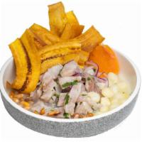 Ceviche Natural · Leche de tigre, cancha, choclo, camote, red onions, plantain chips