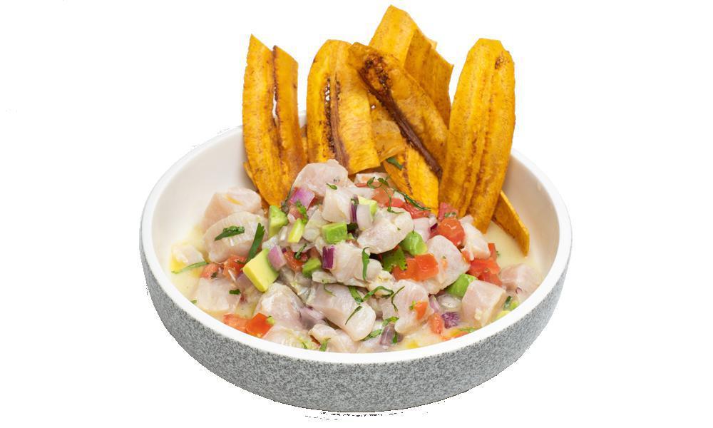 Ceviche Mexicano · Leche de tigre, olive oil, avocado, tomatoes, red onions, plantain chips