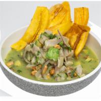 Ceviche Verde · Cucumber & jalapeno leche de tigre, avocado, cancha, red onions, plantain chips