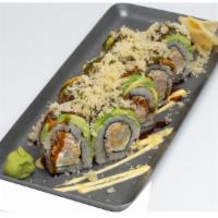 Perfection Roll · Crispy shrimp, cream cheese and real crab salad, topped with avocado and tempura flakes, gar...