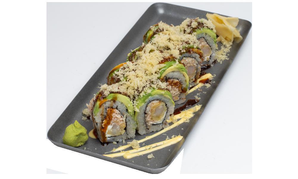 Perfection Roll · Crispy shrimp, cream cheese and real crab salad, topped with avocado and tempura flakes, garnished with spicy mayo and eel sauce.