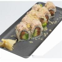 Spicy Tuna Roll · Our secret spicy tuna recipe, cucumber and avocado topped with real crab salad and tempura f...