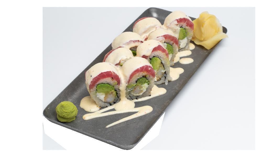 Suviche Roll · Crispy shrimp, cream cheese and avocado, topped with ruby red tuna covered in our signature SuViche Sauce.