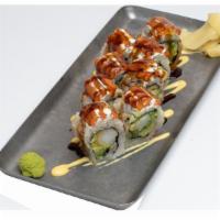 Eye Doctor Roll · Tempura shrimp and avocado topped with cream cheese, dried seaweed and tempura fried carrots...