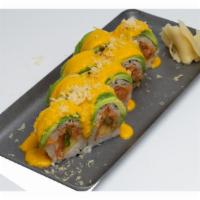 Spicy Salmon Roll · Soy paper, spicy salmon, mango, avocado,. tempura flakes, crema de aji amarillo.