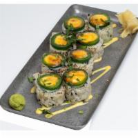Jalapeño Roll · White fish and avocado, sprinkled with cilantro and topped with a slice of jalapeño pepper (...