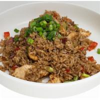 Arroz Chaufa · Fried rice, hoisin, oyster sauce, soy, red bell pepper, red onions, scallions.
