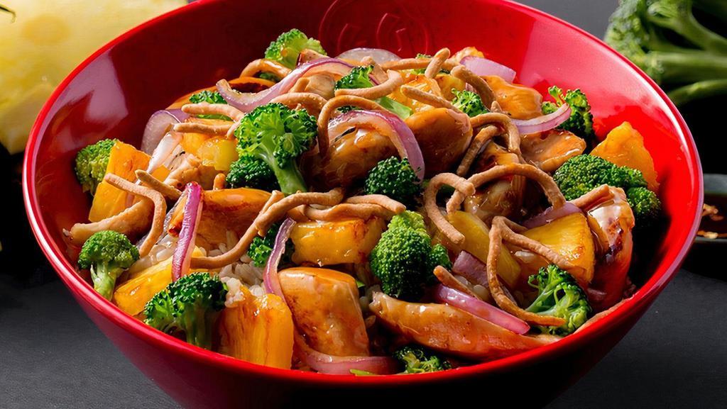 Teriyaki Chicken · All natural white meat chicken with broccoli, green onion and pineapple in a sweet soy ginger teriyaki sauce with white rice or your choice of base. Topped with crunchy chow mein.