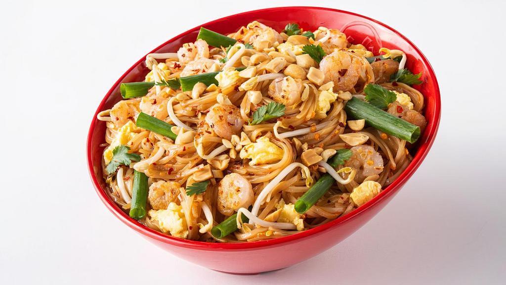 Pad Thai · Your choice of protein in a Pad Thai sauce, with crushed red pepper, fried egg, onions, bean sprouts served with Rice Noodles.