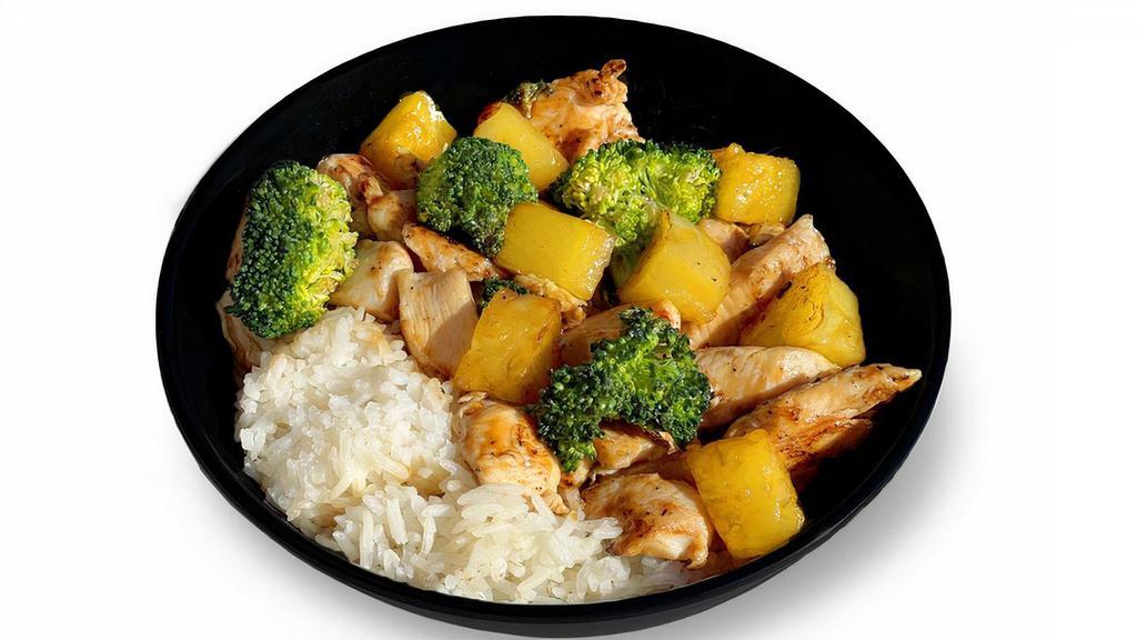 Kids Teriyaki Chicken · Our most popular bowl for kiddos! Chicken, broccoli, pineapple over white rice, with sweet Teriyaki sauce, topped with Khan’s crunch.