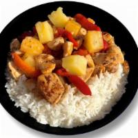Kids Sweet & Sour Chicken · Chicken, roasted red peppers and pineapple in a Sweet & Sour sauce over steamed white rice.
