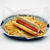 Kid Dawg · Beef hot dog served on a white hot dog bun.