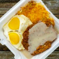 Country Fried Steak · Beef steak cover with country gravy serve with whole grain rice, broccoli and dinner bread.