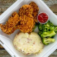 Chicken Strip Dinner · Four chicken strip, mashed potatoes, broccoli and dinner bread.