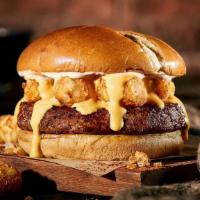 The Bayou Burger · A nice, meaty Chuck Burger with seasoned tater tots, Cajun seasonings and Cajun mayo with ch...