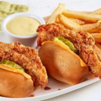 Kids Chicken Tender Sliders · Two Chicken Tenders stuffed in rolls with pickles, American cheese, and your choice of honey...